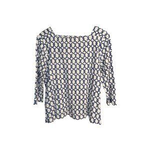 Chico's Pullover Top Women's Size 2 (Large) White Blue Lattice Print Square Neck